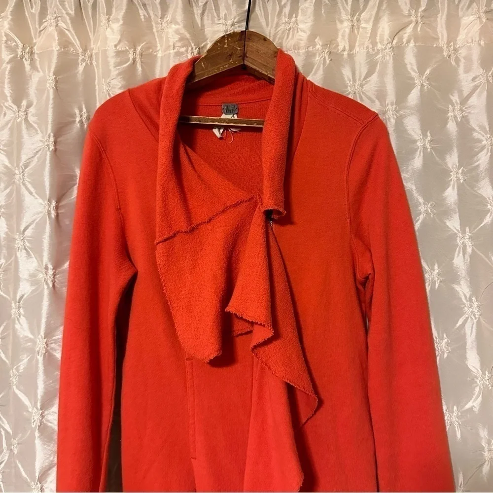 Free People  Ebb & Flow Coral Pink Red Asymmetrical Zip Ruffle Sweater Jacket